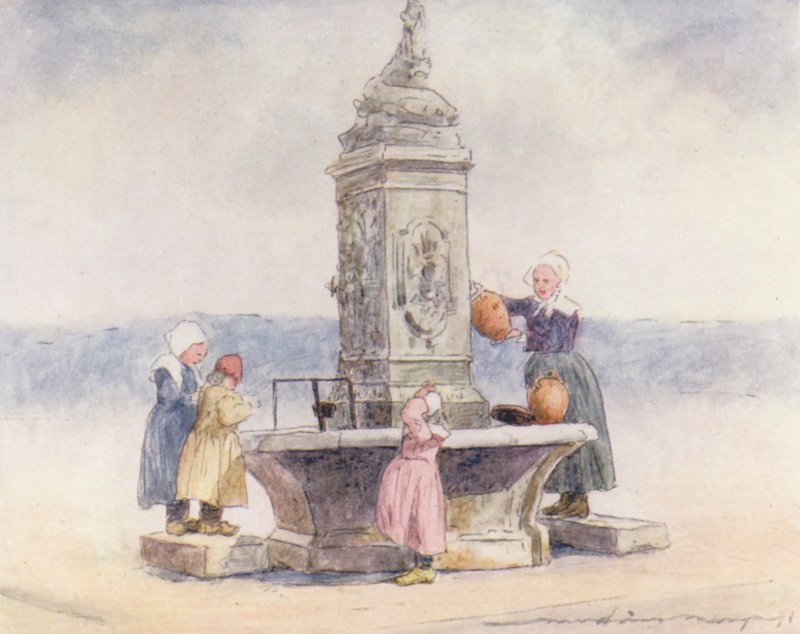 A szökőkútnál, Concarneau (színes litográfia) alkotó: Mortimer Ludington Menpes