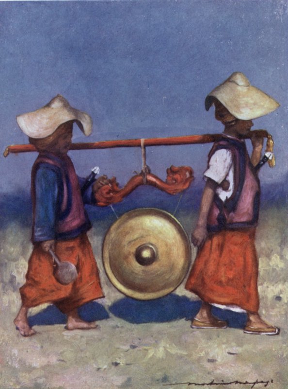 Shan Retainers sárgaréz Gongot hordozó (színes litho) alkotó: Mortimer Ludington Menpes