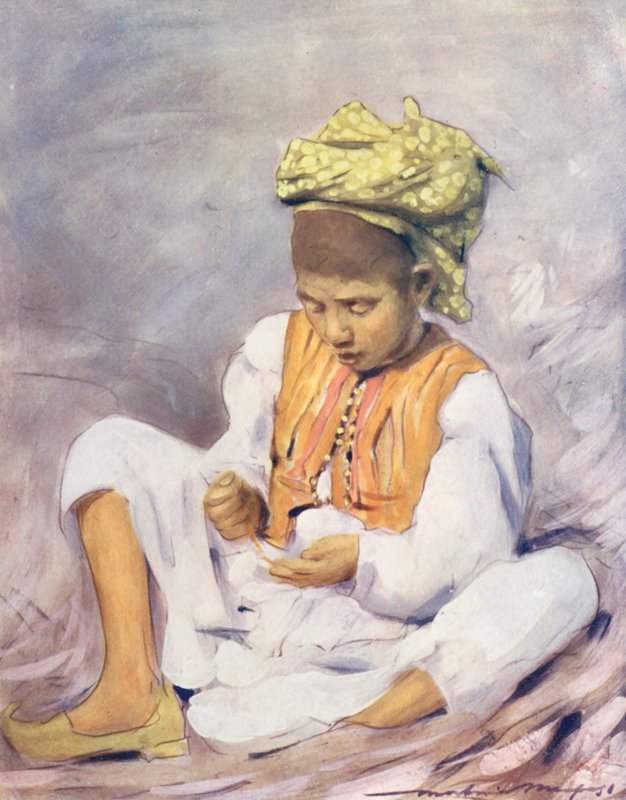 A világ gyermekei: Indián, gyöngyfűzés (színes litográfia) alkotó: Mortimer Ludington Menpes