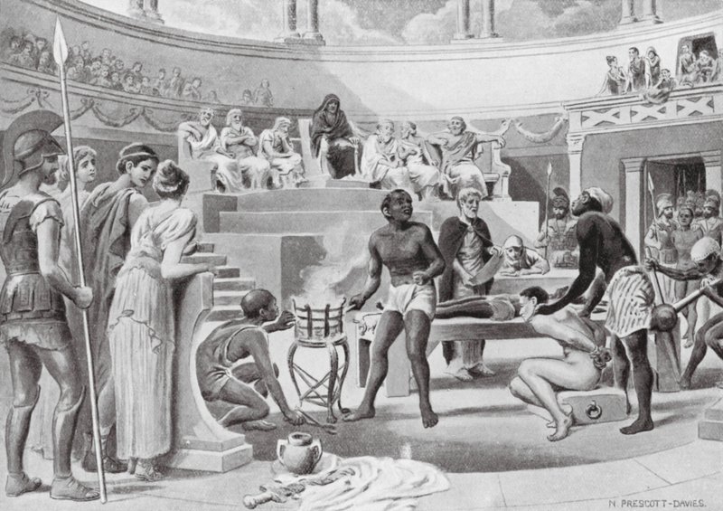 Kínzás alatt tanúskodó rabszolgák (litho) alkotó: N. Prescott Davies