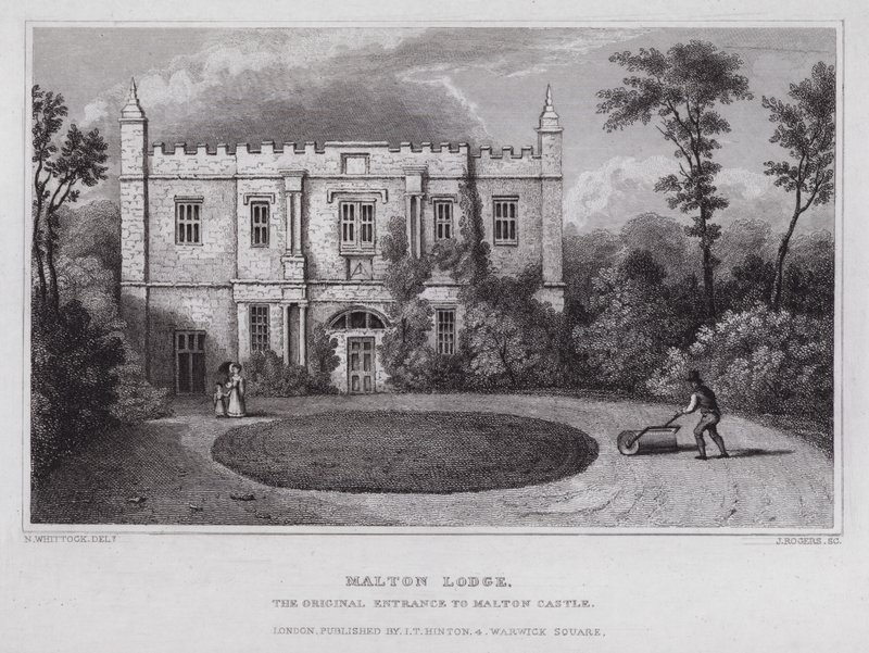 Malton Lodge, a Malton kastély eredeti bejárata (metszet) alkotó: Nathaniel (after) Whittock