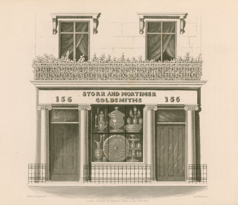 Storr és Mortimer urak, ötvösök és ékszerészek ionos stílusú boltja, No 156, Bond Street, London alkotó: Nathaniel Whittock