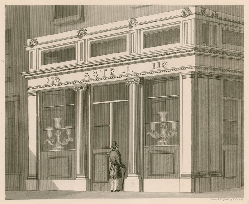 Astell, Wine and Spirit Warehouse, Grafton Street, Tottenham Court Road üzlethelyiség homlokzata alkotó: Nathaniel Whittock