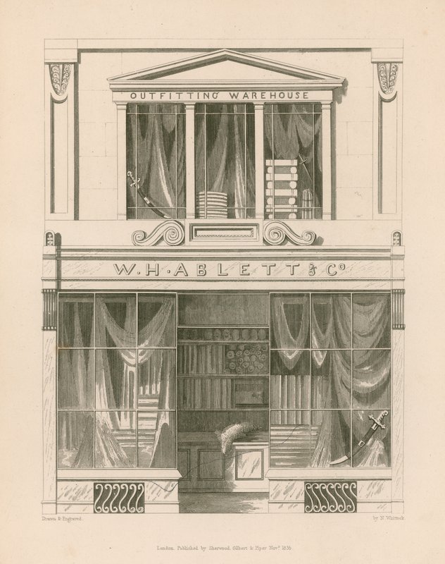 W H Ablett boltja, felszerelési raktár, Cornhill, London alkotó: Nathaniel Whittock