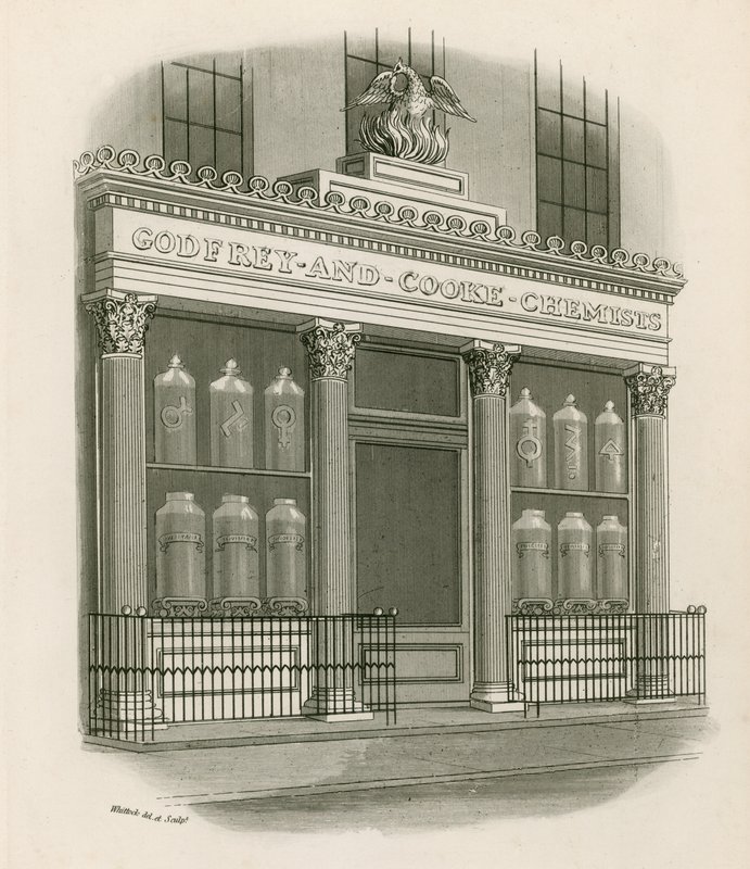 Bolt a Godfrey and Cooke, Chemists, Conduit Street, London előtt alkotó: Nathaniel Whittock