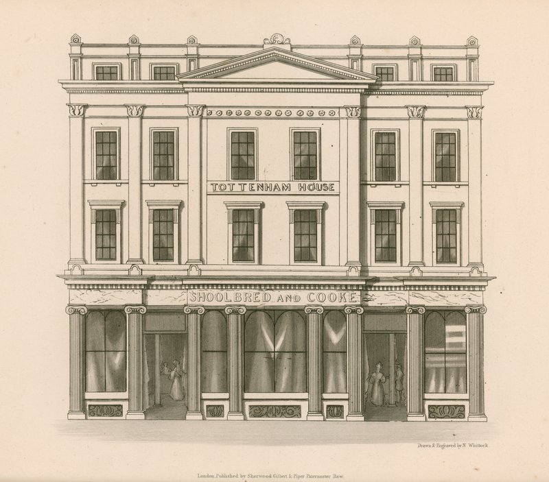A Shoolbred and Cooke, Drapers, Tottenham Court Road, London üzlethelyiségének homlokzata. alkotó: Nathaniel Whittock