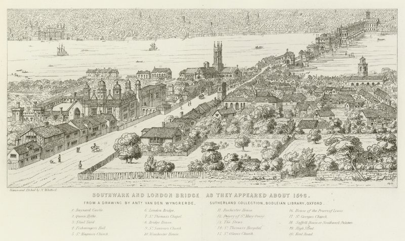 Southwark és London Bridge, ahogyan 1546 körül megjelentek alkotó: Nathaniel Whittock