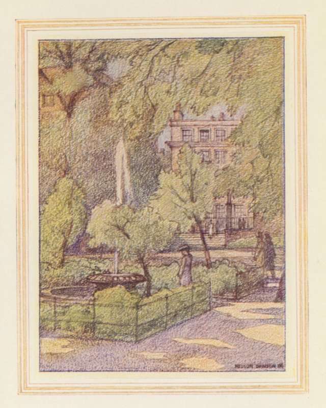 A templomkertben, a szökőkút udvarán (színes lithó) alkotó: Nelson Dawson
