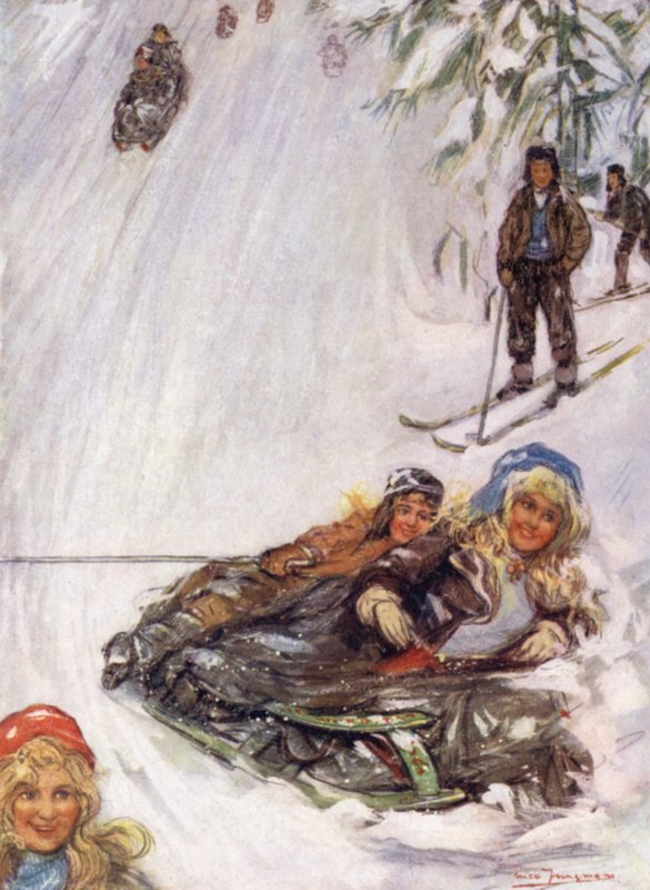 Norvégia: Girls on Overturned Sledge, Holmencollen (színes litho) alkotó: Nico Jungman
