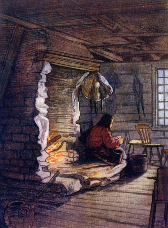 Norvégia: Vacsorakészítés, házikó belső terei Saelbóban (színes litho) alkotó: Nico Jungman