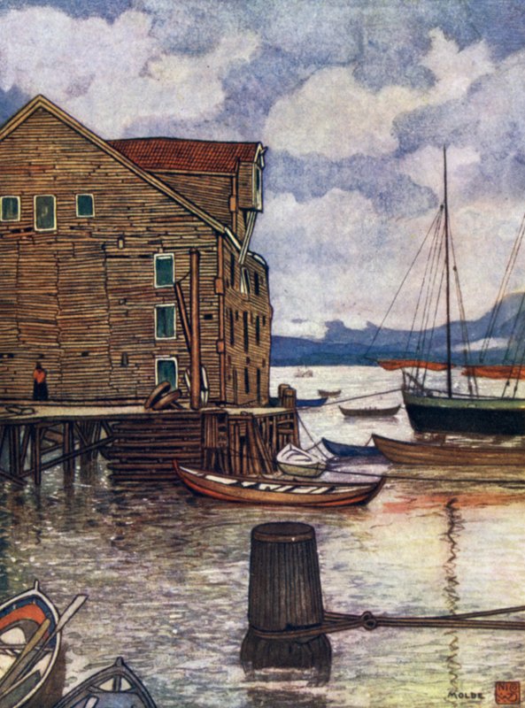 Norvégia: Old Warehouse and Boats, Molde (színes litho) alkotó: Nico Jungman