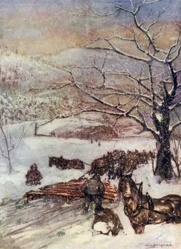Norvégia: Nyolc vagy tíz ló által húzott hóeke (színes litho) alkotó: Nico Jungman