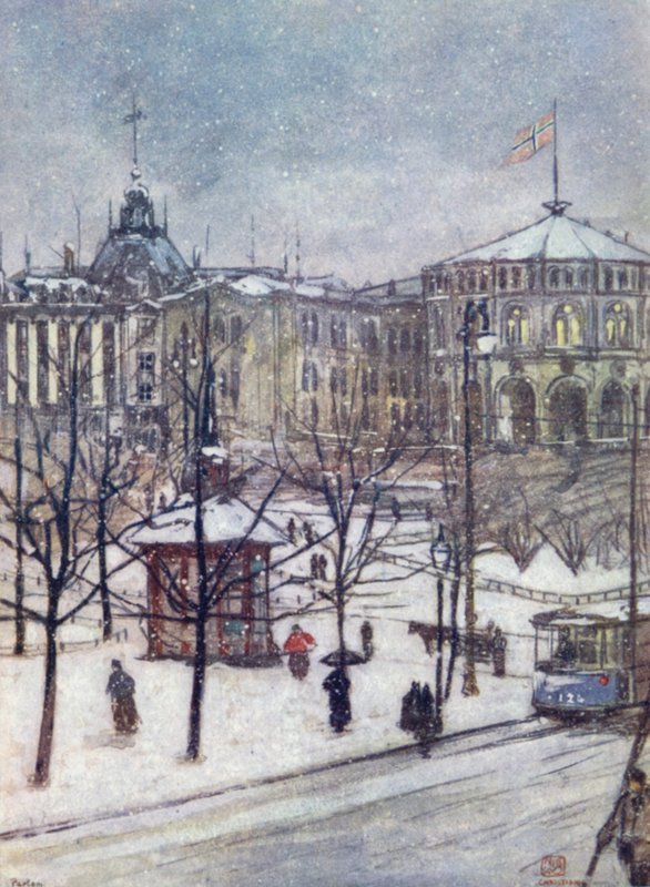 Norvégia: A Parlament háza (Storthing), Christiania (színes litó) alkotó: Nico Jungman