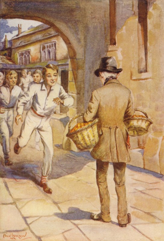 Kisfiúk rohantak a kis sápadt arcú férfira (színes litho) alkotó: Nicol Laidlaw
