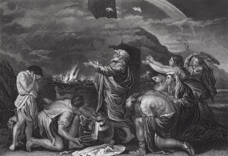 Noé áldozata, Genezis, 8. fejezet, 20. v. (metszet) alkotó: Nicolas (after) Poussin
