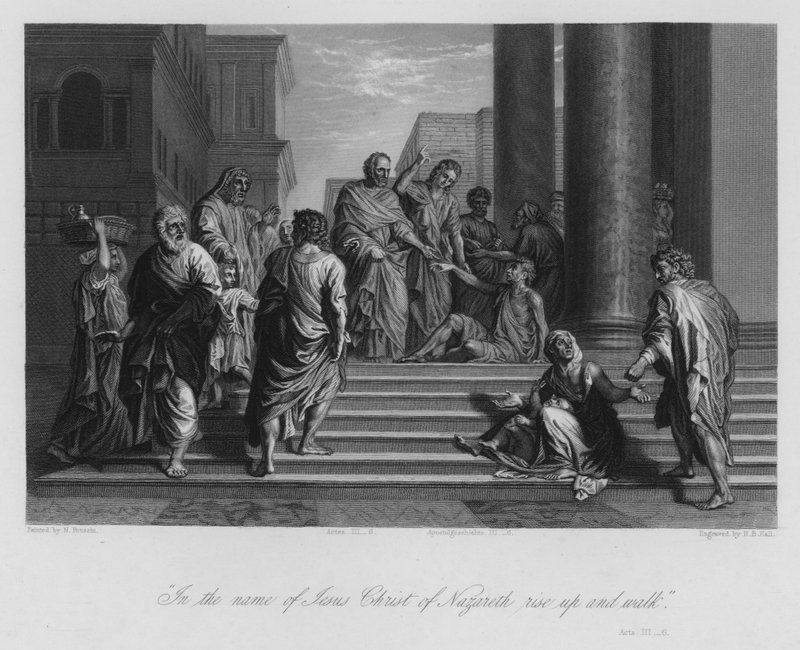 A Péter és János által meggyógyított sánta ember, ApCsel III, 6 (metszet) alkotó: Nicolas (after) Poussin
