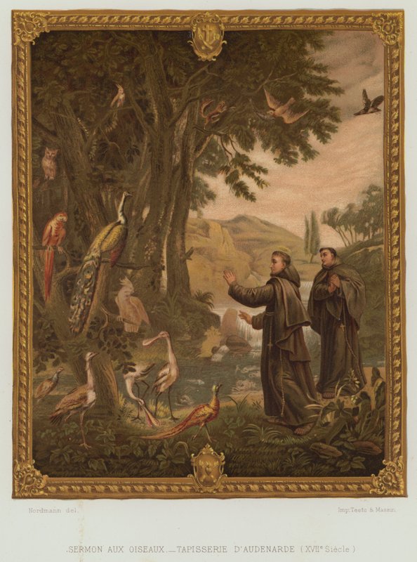 Assisi Szent Ferenc prédikációja a madarakhoz (színes litho) alkotó: Nordmann (after)