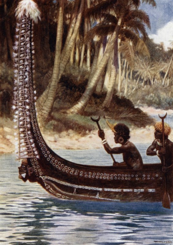 Egy kenu a "Totoishu"-val, New Georgia, Salamon-szigetek (színes litho) alkotó: Norman Hardy