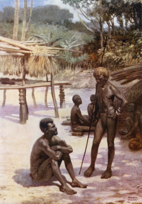 Yam fészer a Tierra Espiritu Santo szigetén, Új-Hebridákon (színes litho) alkotó: Norman Hardy