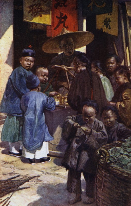 Kína: Fiúk egy édes bódé körül (színes litho) alkotó: Norman Hardy