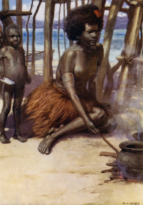 Cooking the Meal, Brit Új-Guinea (színes litho) alkotó: Norman Hardy