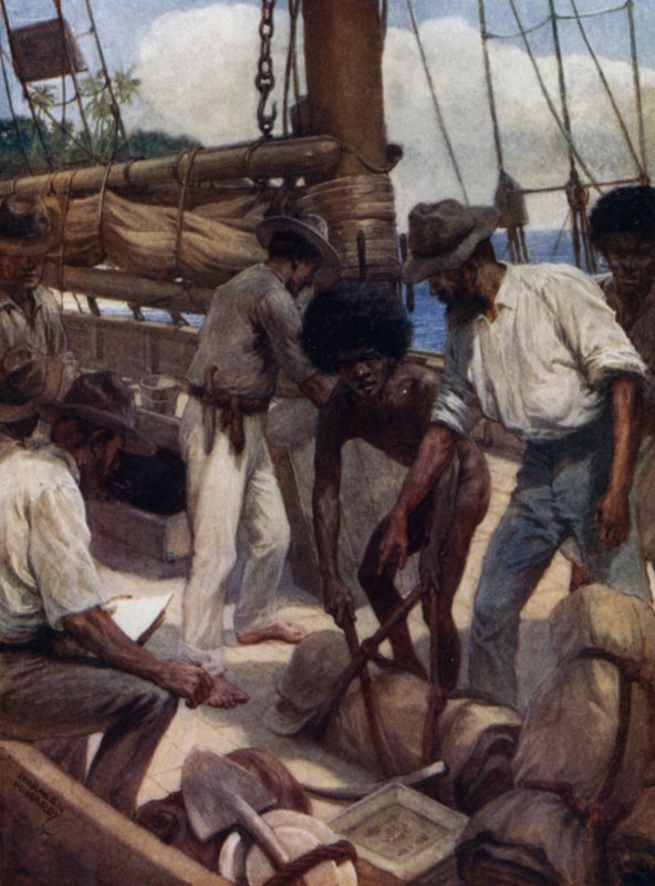 Kereskedelmi hajót elhagyó aranybányászok, Brit Új-Guinea (színes litho) alkotó: Norman Hardy