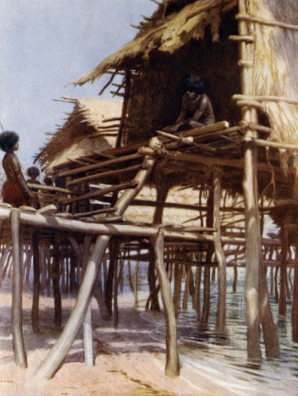 In the Pile Dwellings at Hanuabada, Port Moresby, Brit Új-Guinea (színes litho) alkotó: Norman Hardy