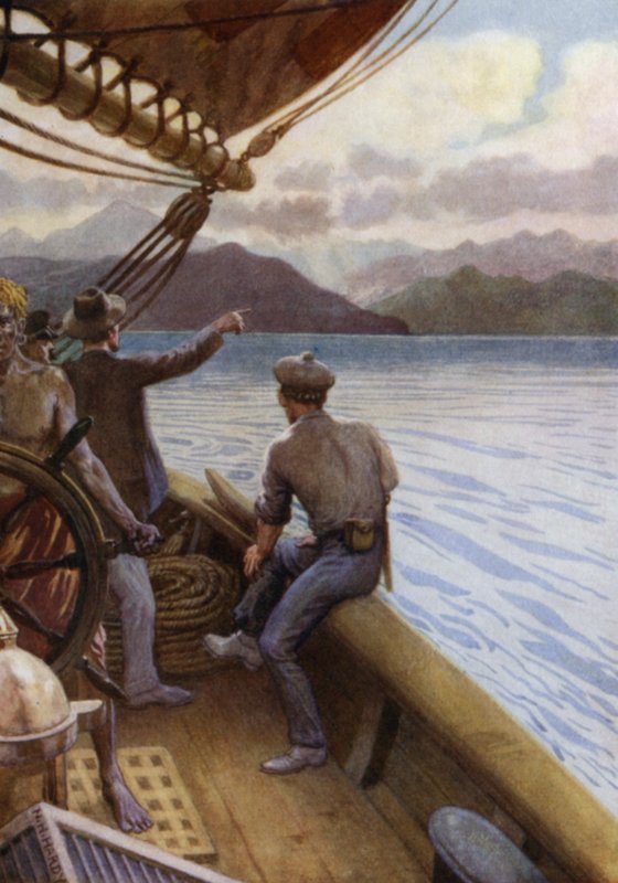Elhagyva Santót, kilátás a hegyekre, Új-Hebridákra (színes litho) alkotó: Norman Hardy