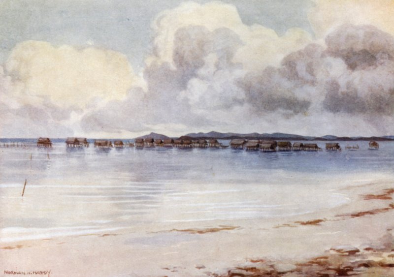 Marine Village, Tupusuli, Brit Új-Guinea (színes litho) alkotó: Norman Hardy