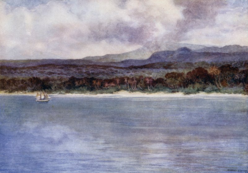 Marion-hegy, az aktív vulkán, Ambryn szigete, Új-Hebridák (színes litho) alkotó: Norman Hardy