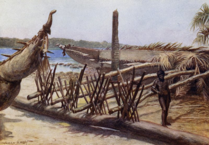 Régi háborús kenuk, Malekula közelében, Új-Hebridák (színes litho) alkotó: Norman Hardy