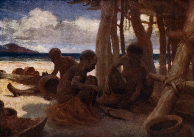 Kereskedelmi hajót elhagyó aranybányászok, Brit Új-Guinea (színes litho) alkotó: Norman Hardy