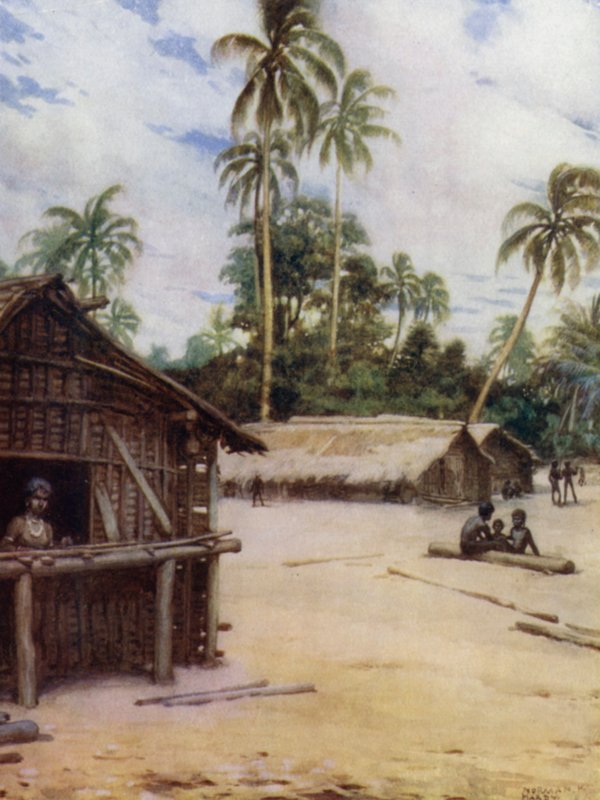 Solomon Island Village, Marau Sound közelében, Új-Floridában (színes litho) alkotó: Norman Hardy