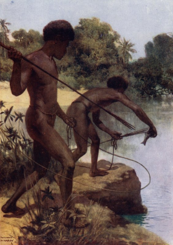 Spearing Fish, Brit Új-Guinea (színes litho) alkotó: Norman Hardy