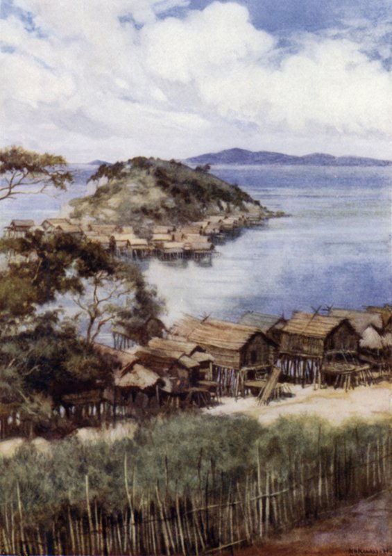 Elevera szigete a Mission Stationről, Port Moresby, Brit Új-Guinea (színes litho) alkotó: Norman Hardy