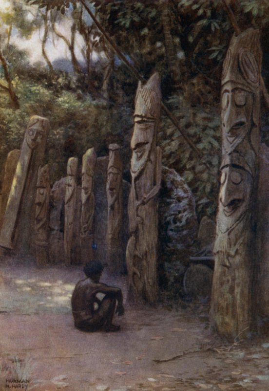 A Stone "Demits" vagy a lelkek, a hozzájuk tartozó fafigurákkal, Malekula-sziget, Új-Hebridák (színes litho) alkotó: Norman Hardy