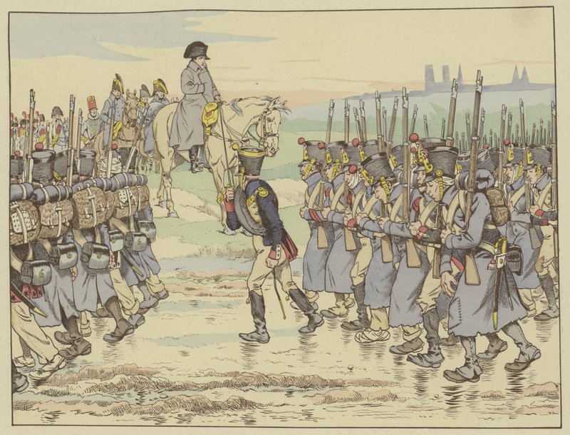 Napóleon, aki a hadsereg utolsó kontingensének tekinti a francia hadjáratban, elvonul Reims mellett, 1814. március 16. alkotó: Onfray de Breville Job