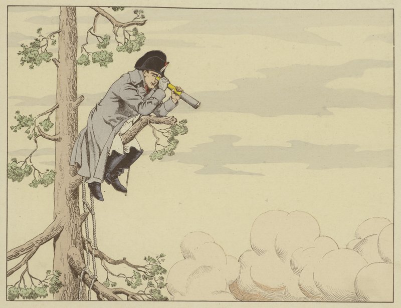 Napóleon egy fa tetejéről nézi az aspern-esslingi csatát Lobau szigetén, 1809. május 22. alkotó: Onfray de Breville Job