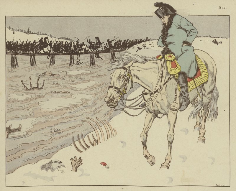 Napóleon nézi Grand Armee maradványait, amint a Berezina-folyót rózsa a Moszkvából való visszavonuláskor, 1812 alkotó: Onfray de Breville Job