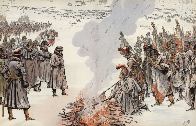 Napóleon orosz hadjárata, égetve a szabványokat, 1812. november 23. alkotó: Onfray de Breville Job