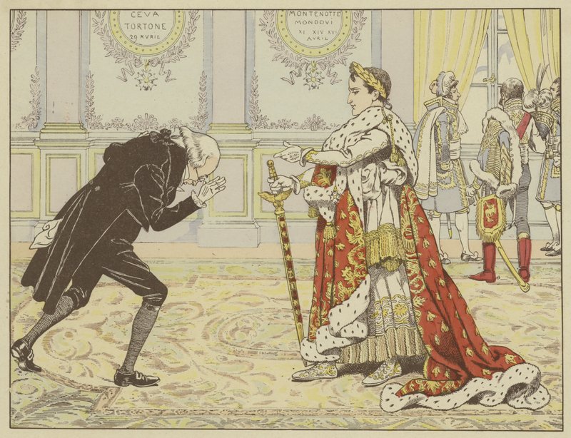 Koronázása reggelén, amikor meglátta Josephine közjegyzőjét, Napóleon nevetve így szólt hozzá: Nos, Maitre Ragideau, itt a köpeny! És itt a kard! alkotó: Onfray de Breville Job