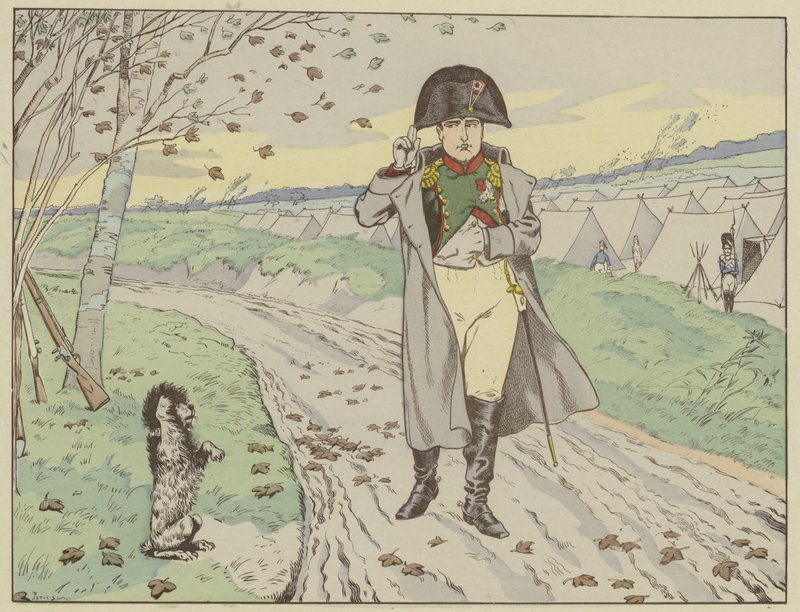 Az Öreg Gárda katonái kutyáikat arra képezték ki, hogy köszöntsék a császárt, aki viszonozta tisztelgésüket, 1805 alkotó: Onfray de Breville Job