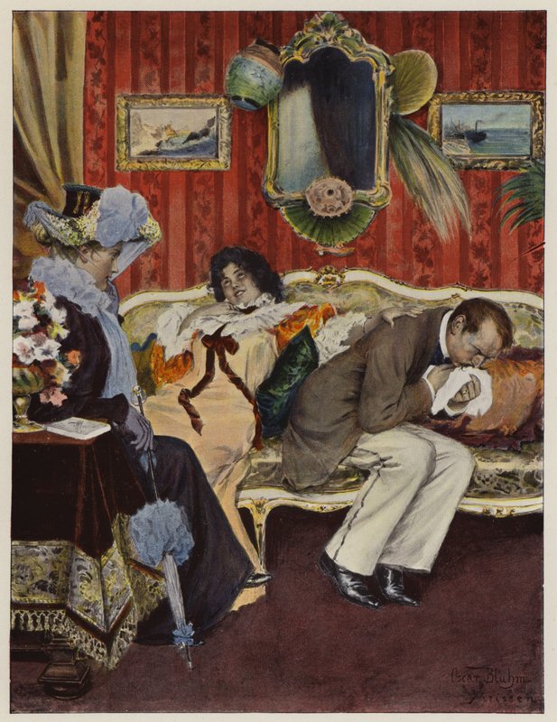 Új házaspár nászútjukon, a férje köhögésben szenved (színes litho) alkotó: Oscar Bluhm