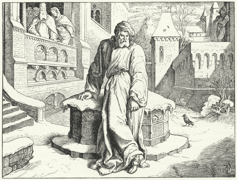 IV. Henrik római római császár az olaszországi Canossa-kastély udvarán, bűnbánónak álcázva, hogy VII. Gergely pápa bocsánatáért könyörögjön, 1077 alkotó: Oskar Pletsch