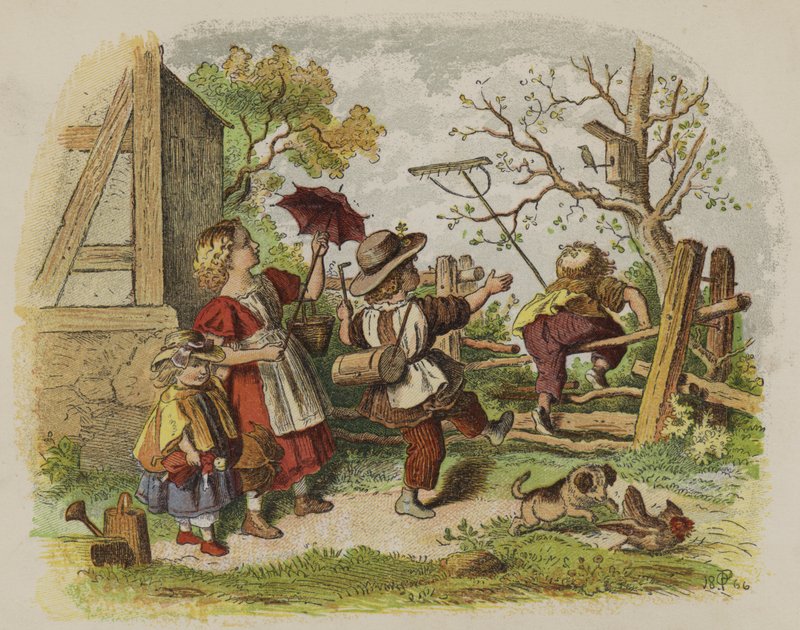 Szabadban játszó gyerekcsoport (színes litó) alkotó: Oskar Pletsch
