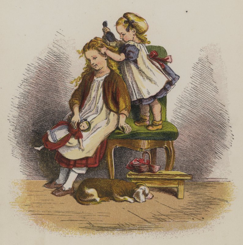 Kislány húga haját fésüli (színes litho) alkotó: Oskar Pletsch