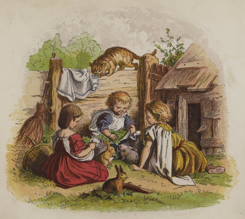 Három lány játszik a házinyúlukkal, egy macska néz (színes litho) alkotó: Oskar Pletsch