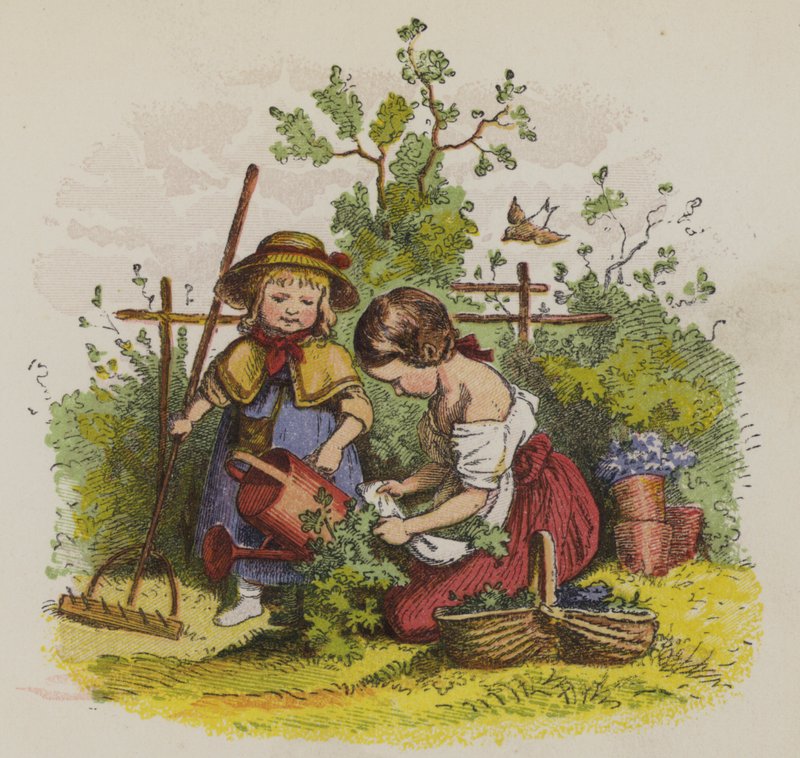 Két lány kertészkedik (színes litho) alkotó: Oskar Pletsch