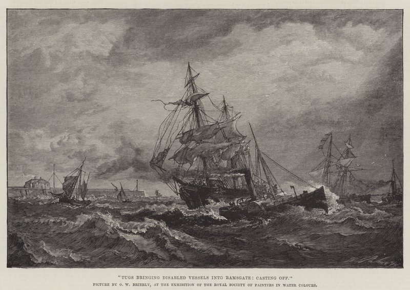 Ramsgate-be mozgásképtelen hajókat szállító vontatóhajók, vízre bocsátás alkotó: Oswald Walters Brierly