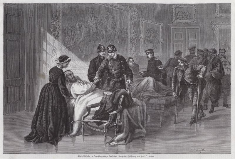 I. Vilmos porosz király sebesült katonákkal találkozott a Palais de Versailles-ban, Franciaországban, a francia-porosz háború alkotó: Otto Johann Heinrich Heyden